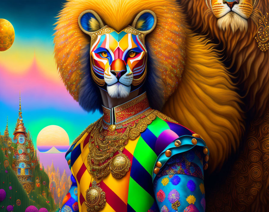 Colorful lion humanoid in checkerboard garment with gold jewelry in vibrant fantasy landscape