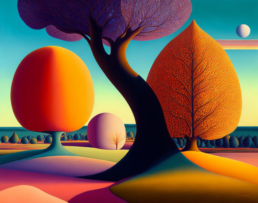 Colorful surreal landscape with stylized trees under a pastel sky