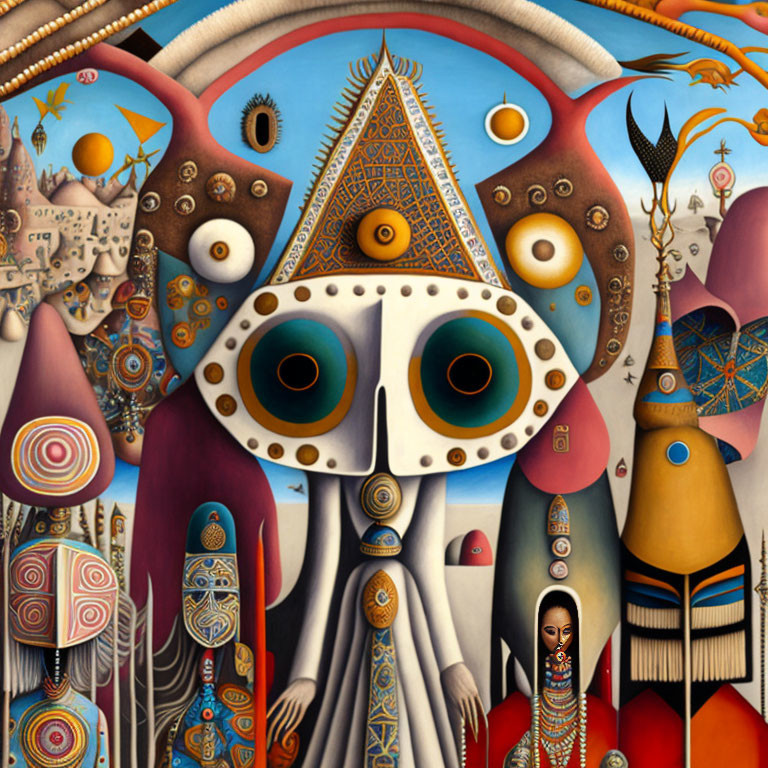 Surreal painting with intricate patterns and anthropomorphic figures