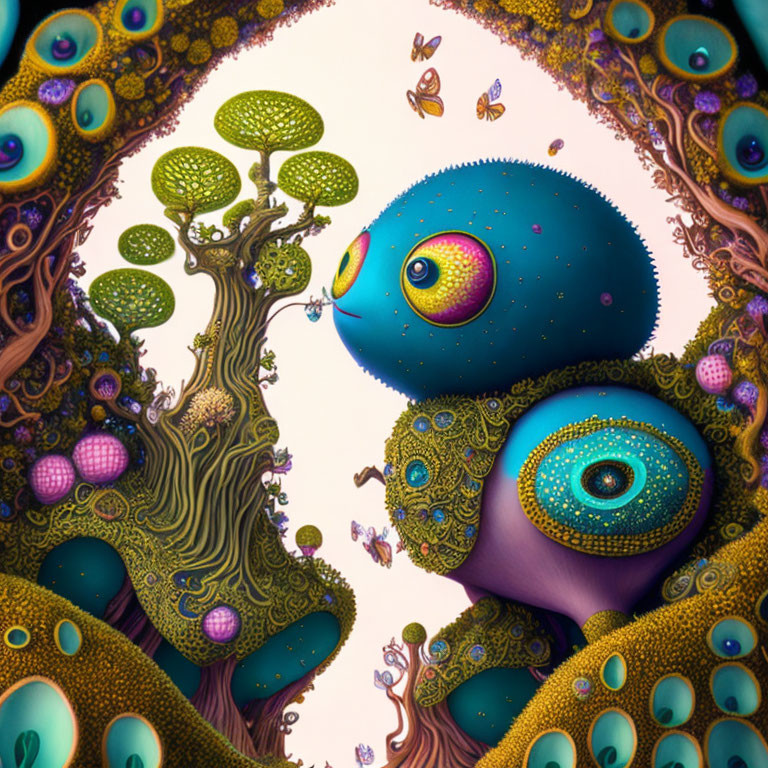 Whimsical surreal creatures in vibrant organic landscape