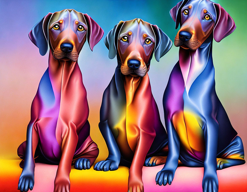 Vibrant Stylized Dogs on Rainbow Background