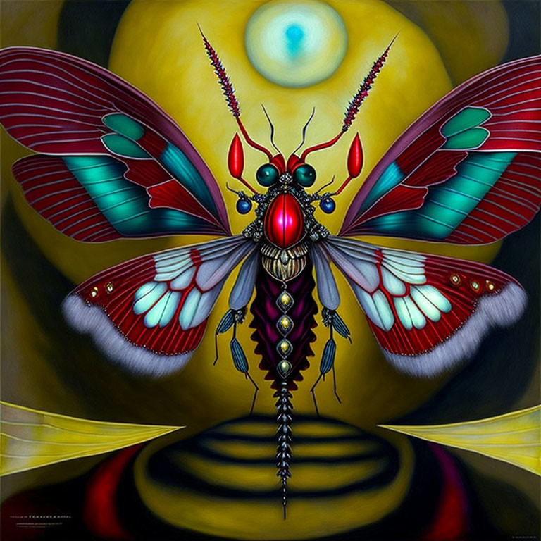 Colorful surreal painting of stylized butterfly with intricate designs on yellow and black circle background.