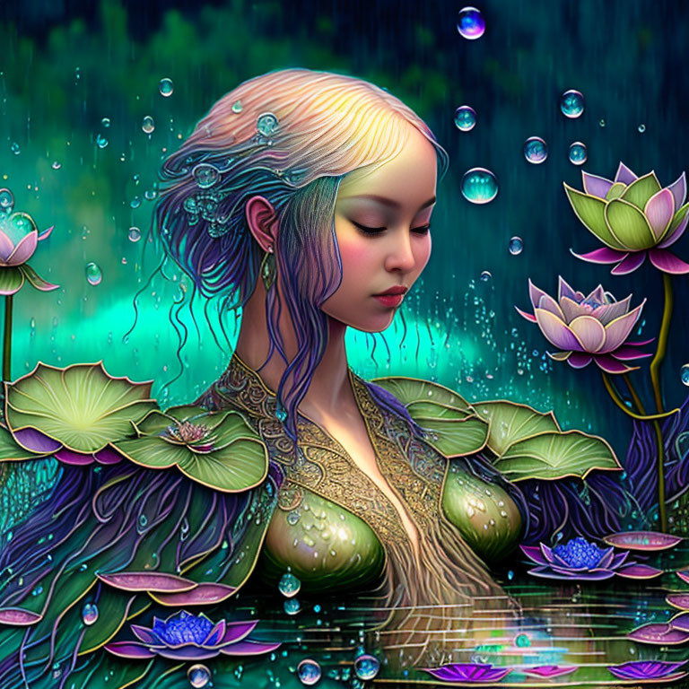 Illustration of nymph-like woman in water lilies and bubbles