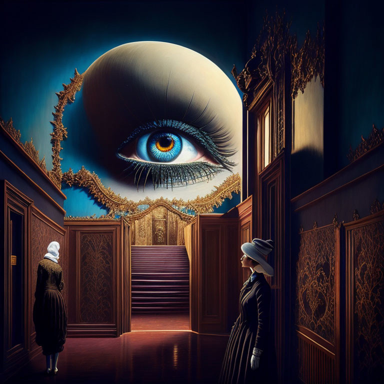 Surreal Artwork: Enormous Eye, Vintage Figures, Ornate Walls