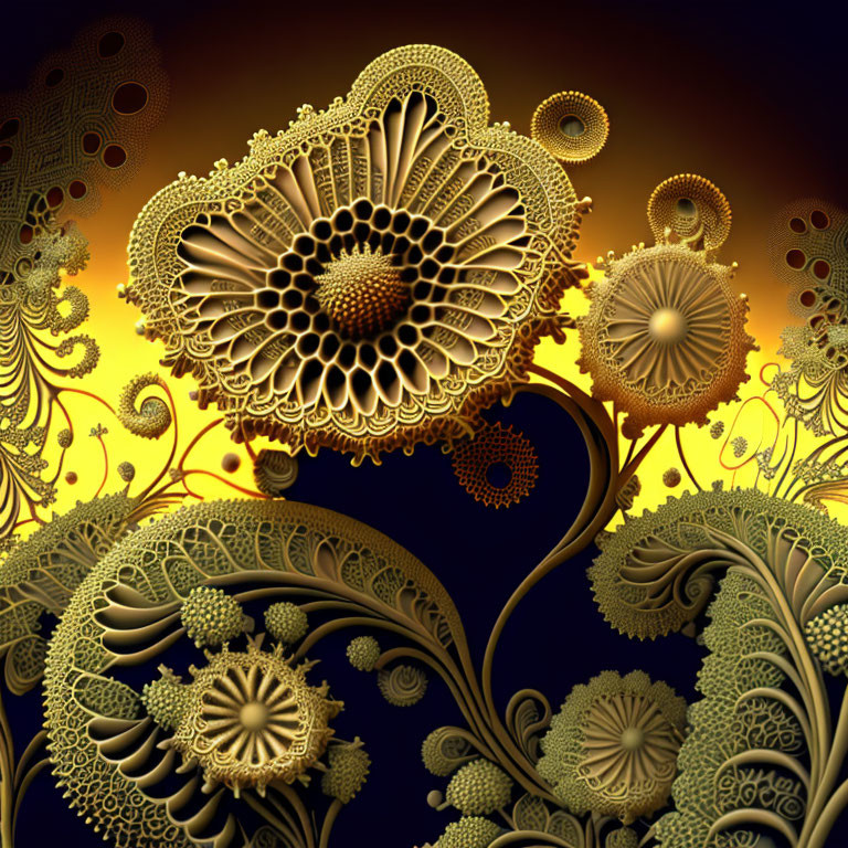 Intricate Golden Fractal Patterns on Dark Background