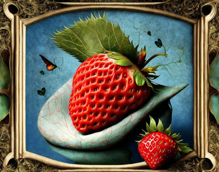 Detailed botanical artwork featuring large strawberry, smaller berry, butterflies, and ornate golden frame.