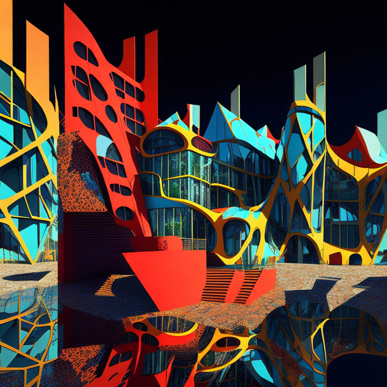 Vibrant Surreal Architecture with Abstract Shapes and Reflective Surfaces