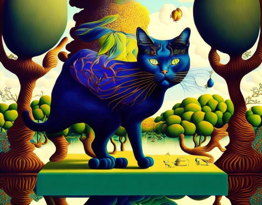 Vibrant Blue Cat with Swirling Patterns on Green Platform