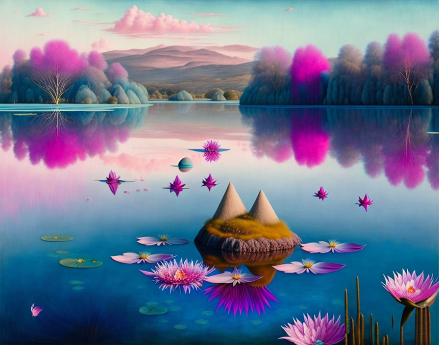 Tranquil lake with pink trees, pyramids, lotus flowers, pastel sky