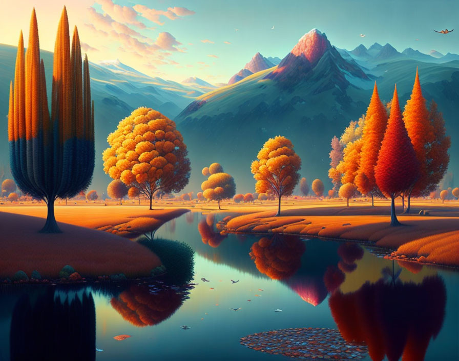 Vibrant autumn landscape with river, mountains, and birds under warm sky