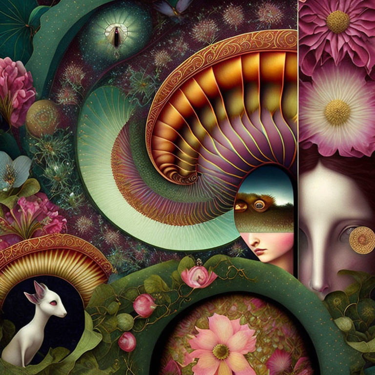 Surreal artwork: Woman's face obscured by patterns, flowers, horse