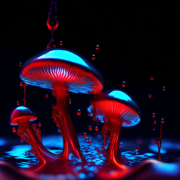 Glowing neon-blue jellyfish shapes in dark aquatic setting