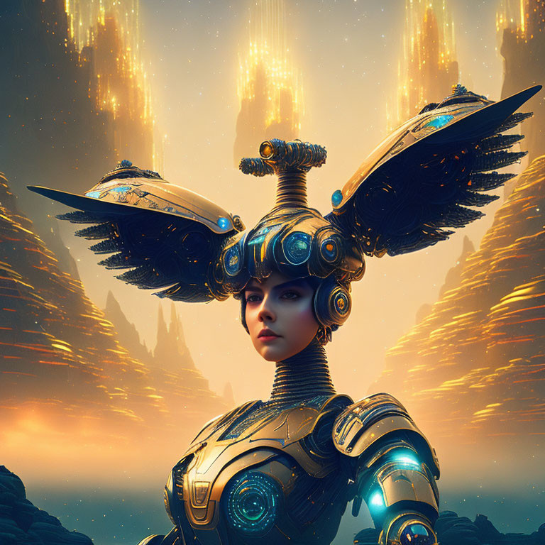 Robotic figure with human-like face & ornate wings on head in golden backdrop