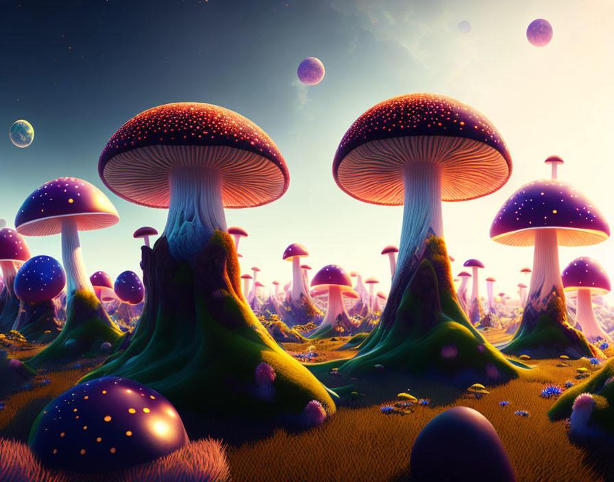 Fantasy landscape with oversized bioluminescent mushrooms and floating orbs