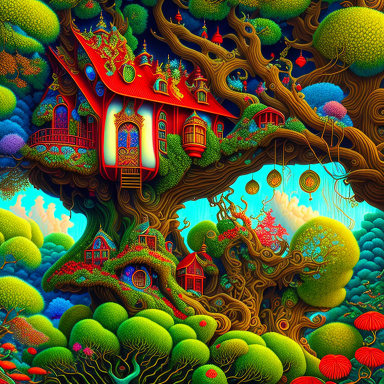 Colorful Artwork of Treehouses in Fantasy Forest