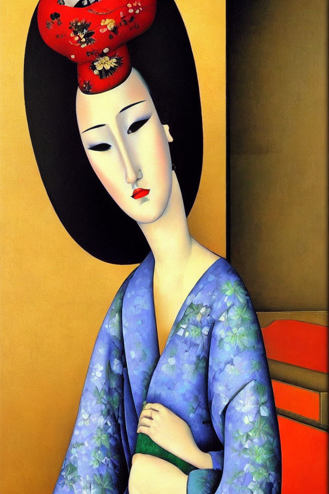 Stylized painting of a woman in blue kimono with floral design and red hat on red and