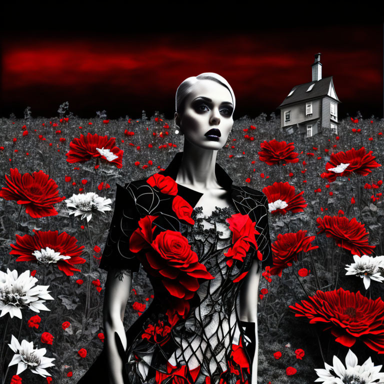 Woman in floral dress in surreal red and white flower field with lone house