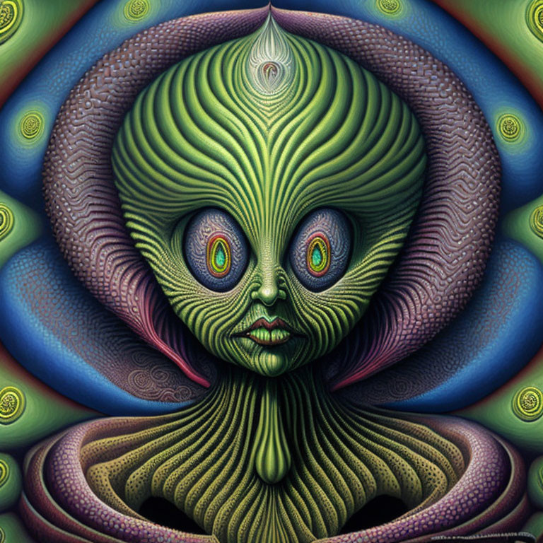 Colorful Psychedelic Face with Wavy Patterns and Large Eyes