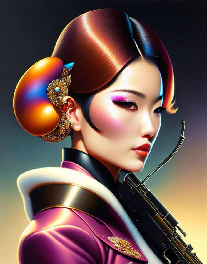 Digital portrait of Asian woman with golden hair accessories in purple futuristic outfit