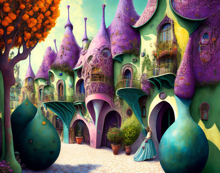 Whimsical Village with Mushroom-Like Houses and Blooming Trees