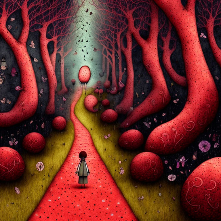 Illustration: Person on red path in enchanted forest