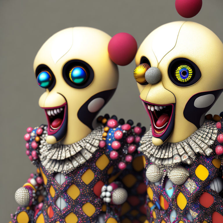 Colorful animated clown-like figures on gray background