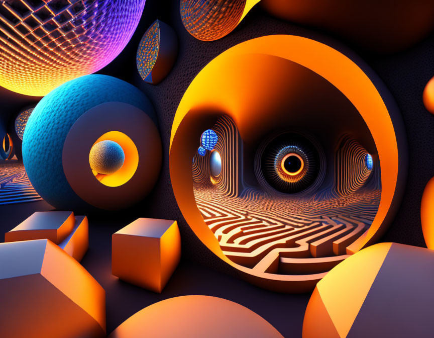 Colorful 3D Geometric Shapes with Central Eye and Patterns