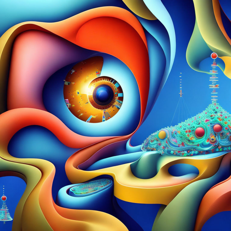 Colorful surreal digital artwork with swirling shapes, eye, and whimsical machines in abstract space