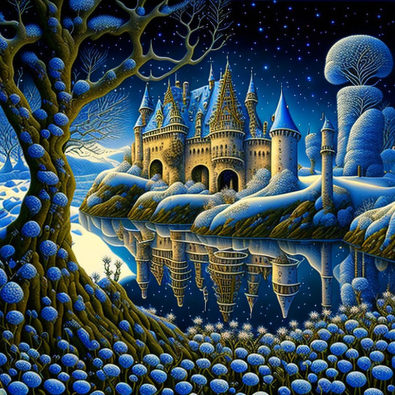 Enchanted castle on cliff above reflective water in magical blue forest