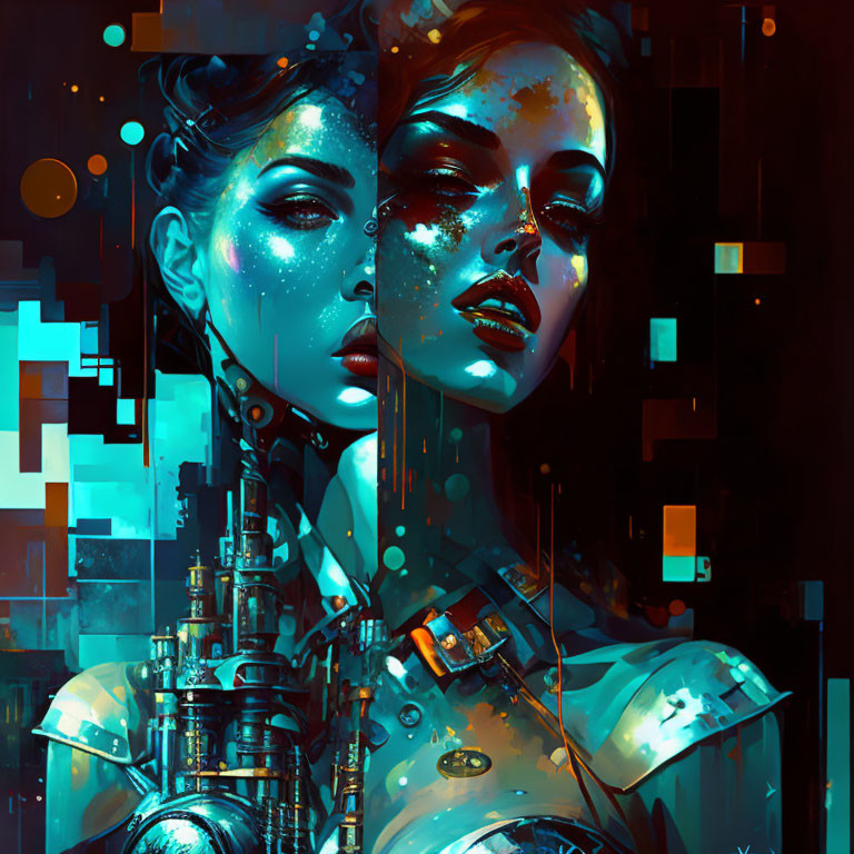 Digital artwork: Female faces merge with cybernetic elements in vibrant blue and teal tones.