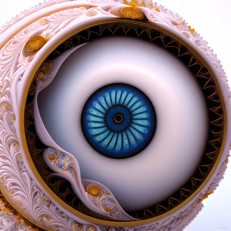 Golden fractal design with blue eye and iris patterns on cream background