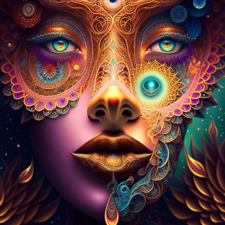 Colorful digital artwork: Woman's face with ornate patterns and radiant, detailed eyes