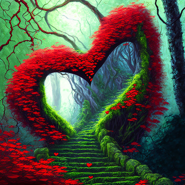 Heart-shaped archway in mystical forest with moss-covered stairway and vibrant red flowers.