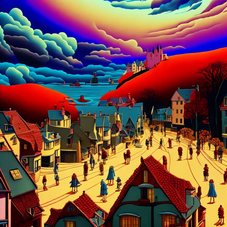 Colorful coastal town artwork under dramatic sunset clouds