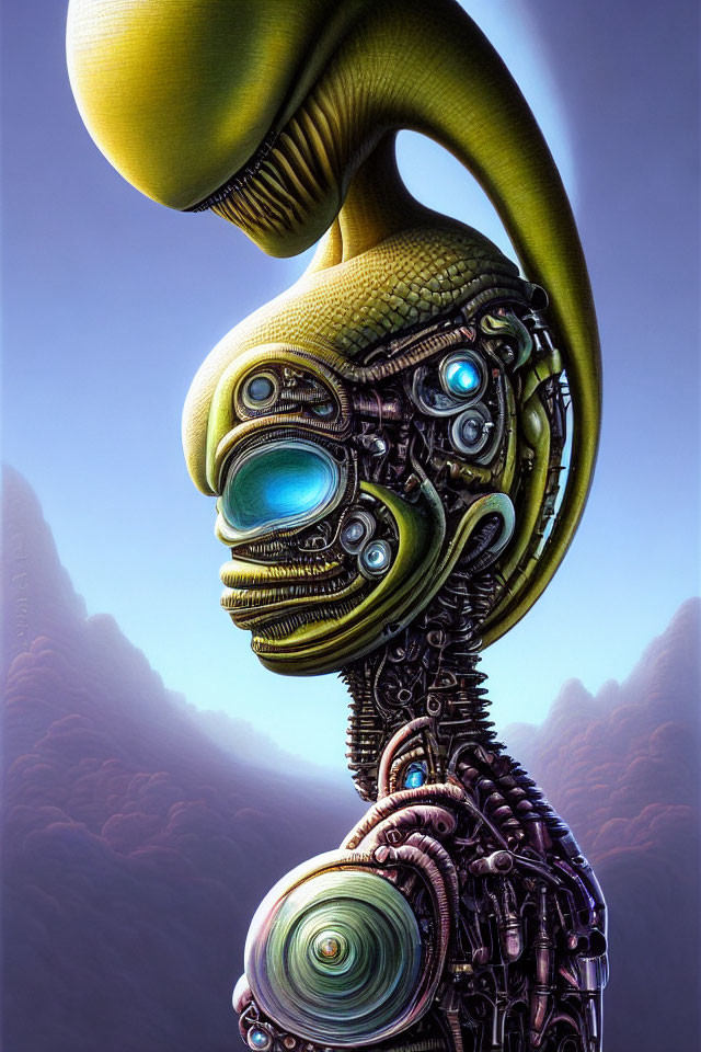 Surreal artwork: Alien-like figure with large eyes and swirling neck