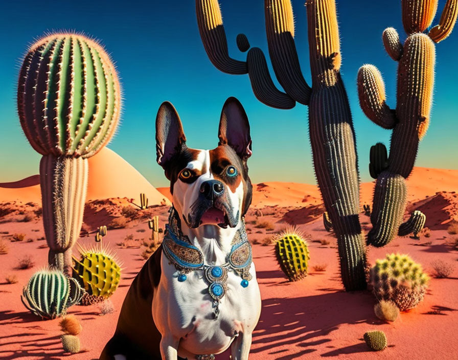 Blue necklace dog in desert with cacti and sand dunes