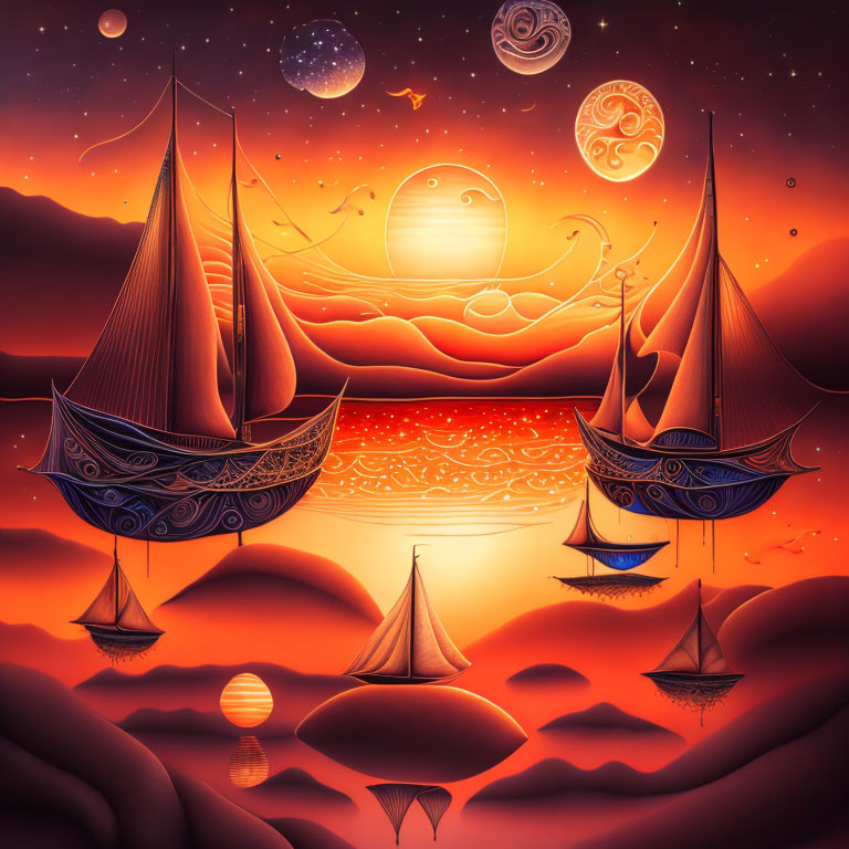 Colorful sunset seascape with sailboats, reflective water, and celestial sky