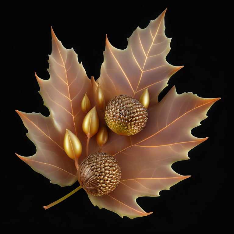 Intricately textured acorns on vibrant maple leaf against black background