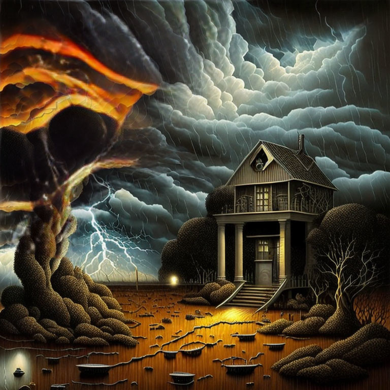 Surreal lone house under stormy sky with lightning and fiery explosion in gloomy landscape