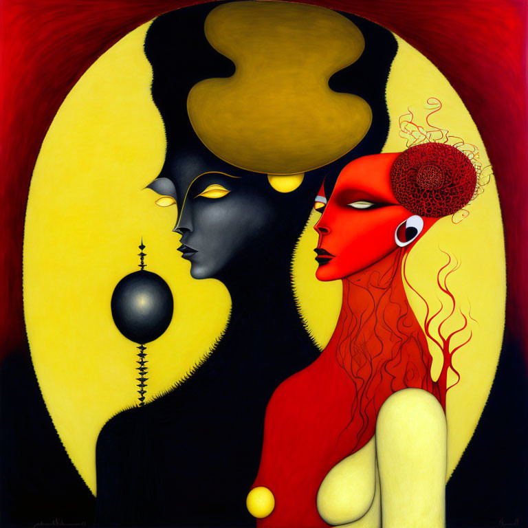 Stylized profile faces with contrasting colors on moon-like background