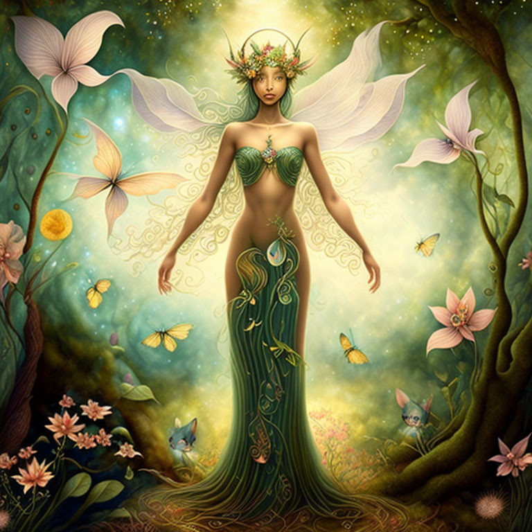 Female figure in mystical forest with floral crown and butterflies - Spring essence