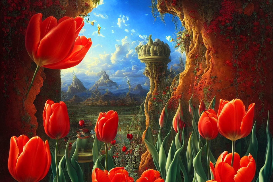 Vibrant red tulips in fantastical landscape with rocky arches