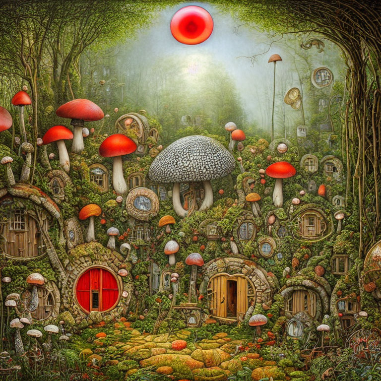 Enchanting forest scene with mushroom houses and eerie red eye