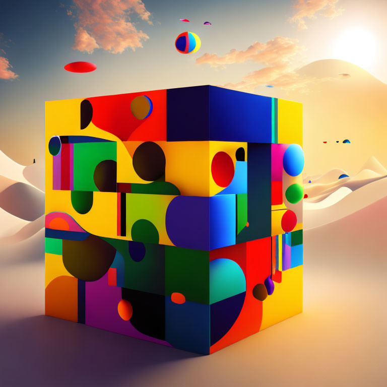 Abstract Rubik's Cube in Surreal Desert Sunset Landscape