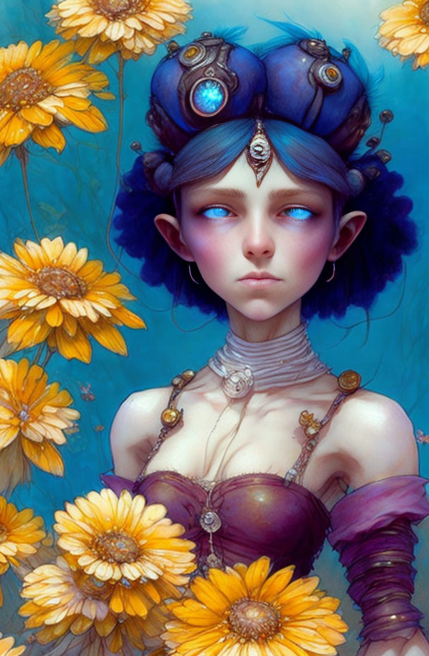 Blue-skinned female character with ornate headgear and yellow flowers