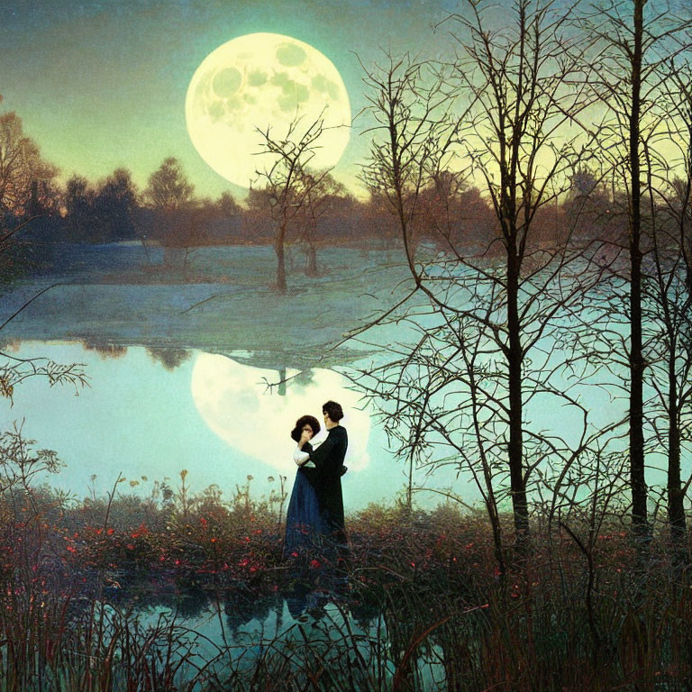 Romantic vintage-style painting of couple embracing by tranquil lake