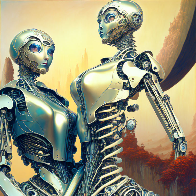 Detailed humanoid robots in alien landscape with intricate designs