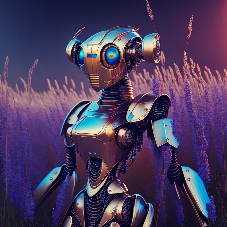 Sleek humanoid robot among purple wildflowers in warm light