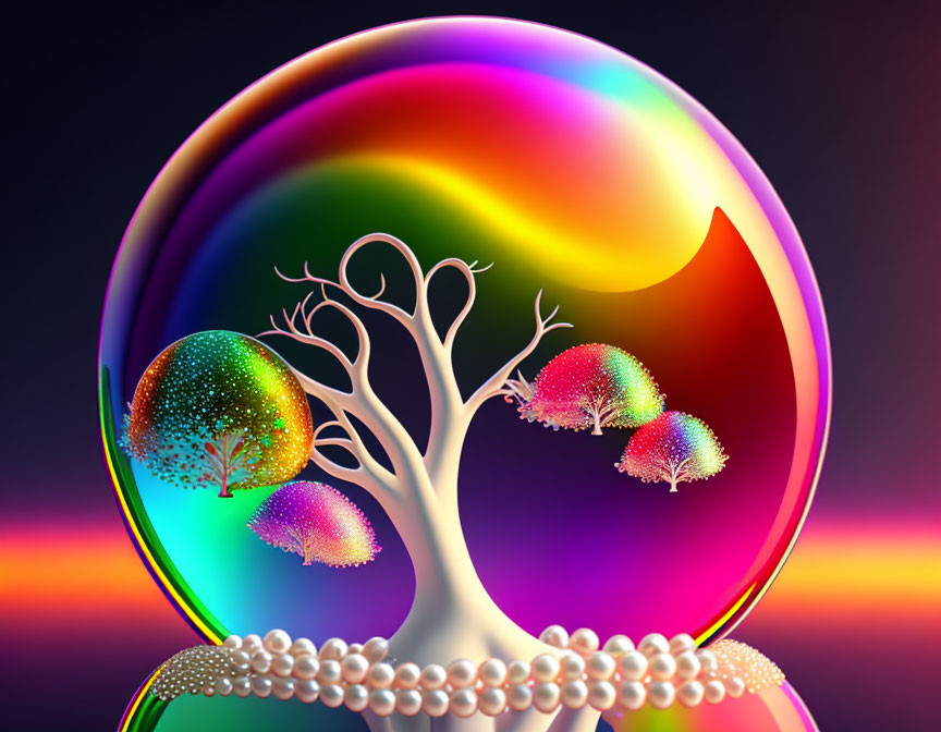 Colorful digital artwork of white tree with rainbow leaves in circular frame with pearl border on dark background