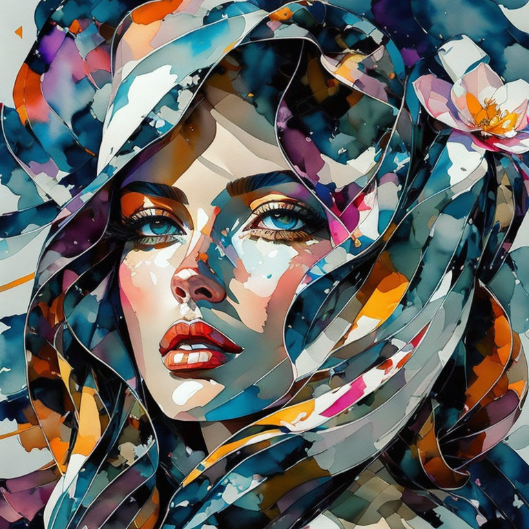 Vibrant watercolor portrait of a woman with floral elements